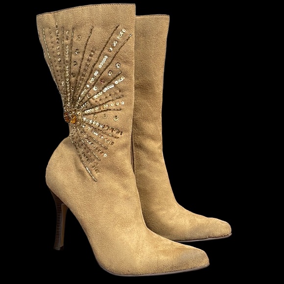 Anne Michelle Shoes - Anne Michelle Refuel-71 Mid Calf Beads & Sequin Embellished Faux Suede Boots 7